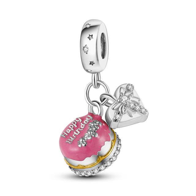 Fit Bracelet Inlaid Zircon Beads Charms 925 Sterling Silver Heart -Shape Colorful Dangle Pendants Bangle Jewelry