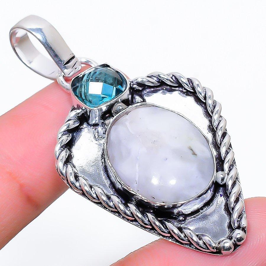 Rainbow Moonstone, Topaz 925 Sterling Silver Jewelry Pendant 2.09" R0o52