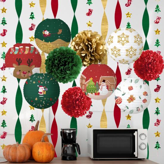 15 шт. рождественских бумажных фонариков, украшения, красные и зеленые помпоны, набор, веселый рождественский баннер для декора вечеринки в помещении и на открытом воздухе