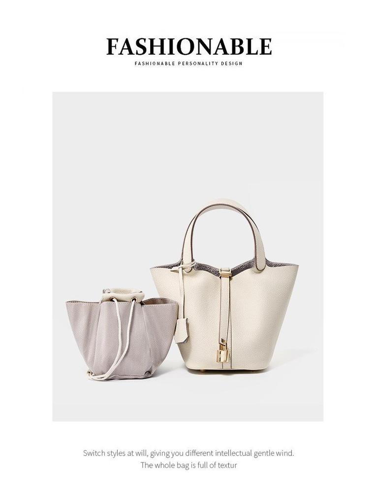 Women's Genuine Leather Bucket Bag - Top Layer Cowhide, Versatile Vegetable Basket Handbag