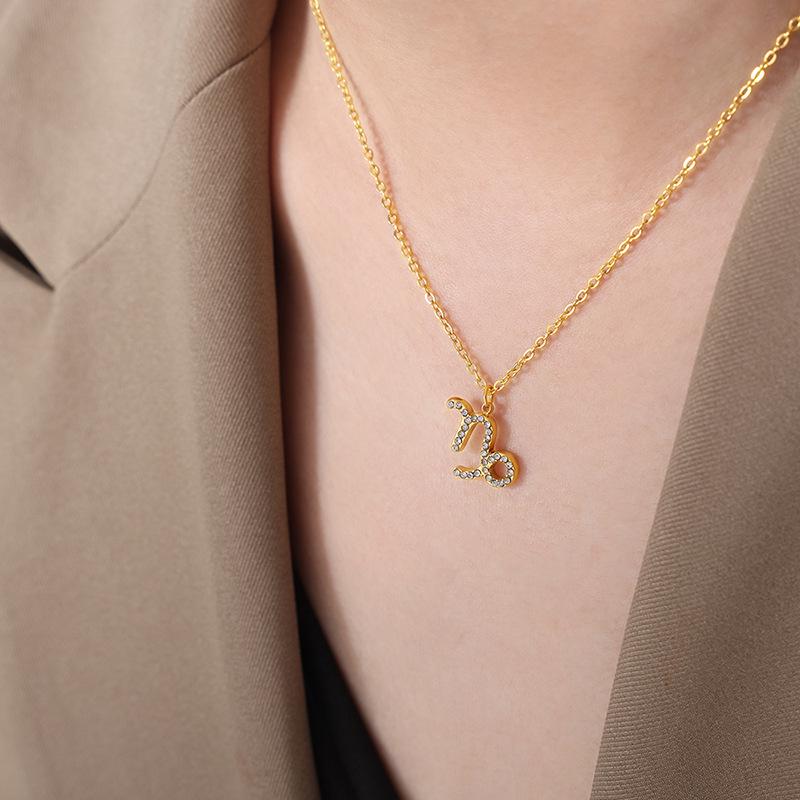 Custom Fashion Gold Titanium Steel Necklace with Zodiac Pendant and Rhinestones