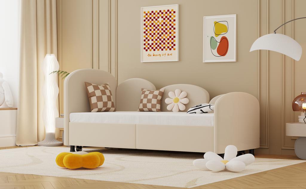 SOFTSEA Twin Size Daybed with Storage Drawers, Velvet Upholstered Daybed, Modern Sofa Bed Frame for Living Room, Children's Room, Bedroom