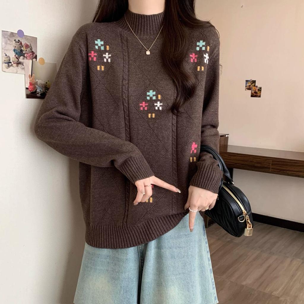 Women's Knitted Sweater Semi High Neck Long Sleeved Base for Autumn and Winter Thick Loose Top