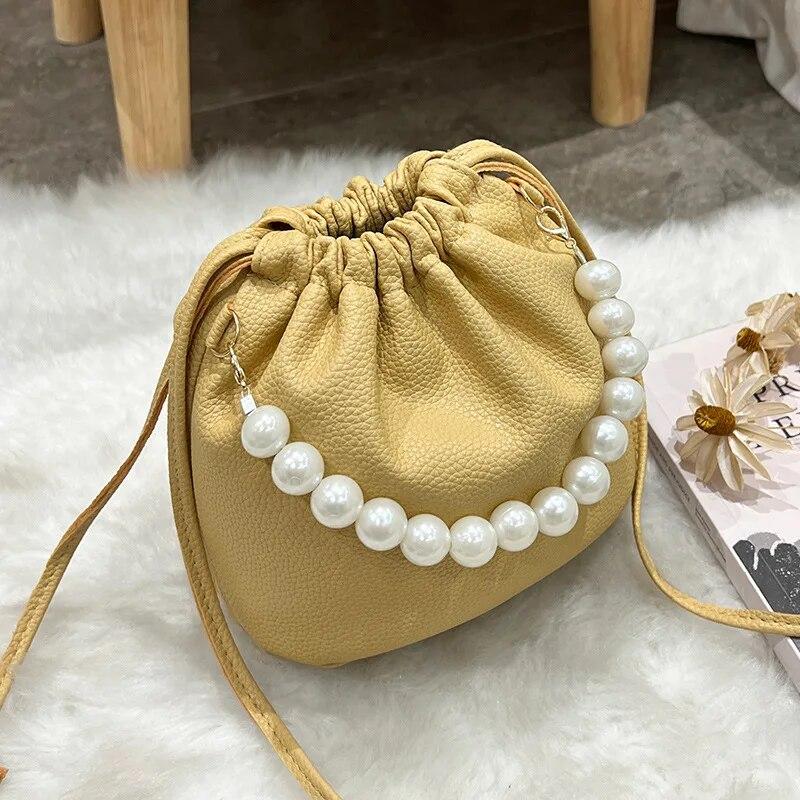 Pearl Chain Handbag Fashion PU Bucket Shoulder Bag For Lady