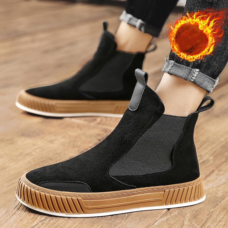 Горячая Распродажа Черная Плюшевая Мужская Зимняя Обувь Дизайнерские Замшевые Ботинки Челси Мужские Ботинки Без Застежек На Платформе Мужские Ботинки Повседневные Высокие Ботинки До Ботинка