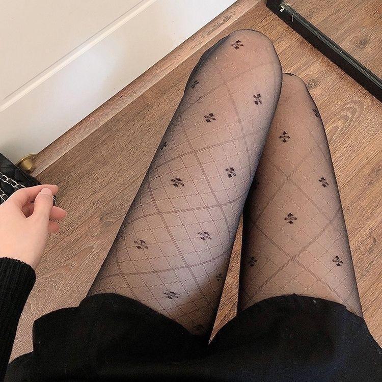 Черные жаккардовые чулки с четырехлистным клевером - женские летние прозрачные сексуальные колготки с ромбовидным узором