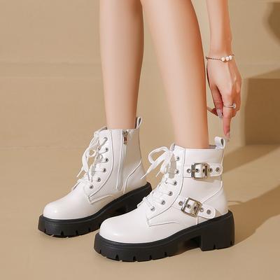 Мода Мода Металлическая Пряжка Платформа Нескользящие Износостойкие Ботинки до середины икры Осень Новые Круглый Носок Молния Блочный Каблук Обувь
