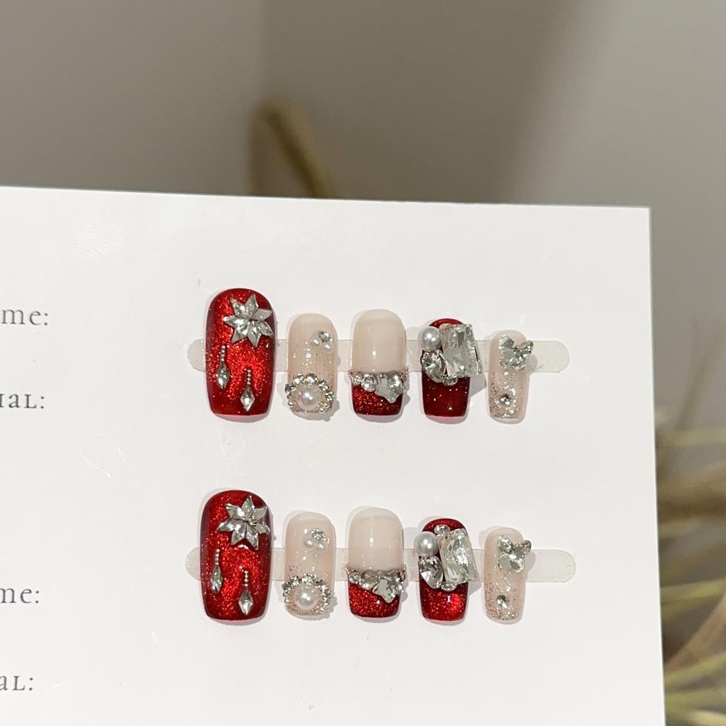 Women Press‑On Nails Pure‑Handmade Autumn Winter Burgundy New Year Rhinestone Sparkle False Nail Patches