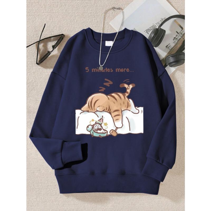 Кот, который всегда хочет спать Узор Печатный с капюшоном Простая теплая осенняя толстовка Уличные повседневные пуловеры и длинные рукава для мужчин