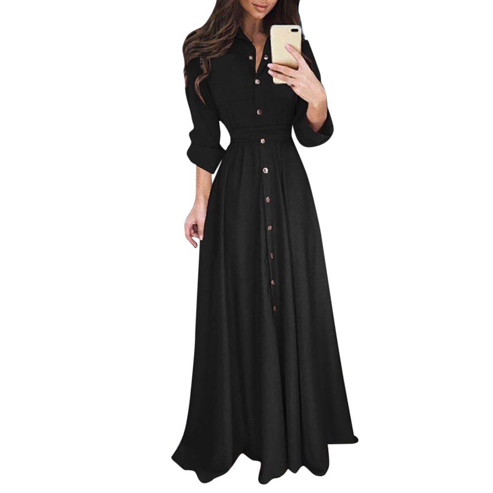 Womens Lady Casual Fashion Long Sleeve Lapel Maxi Long Dress Solid Shirt Dress