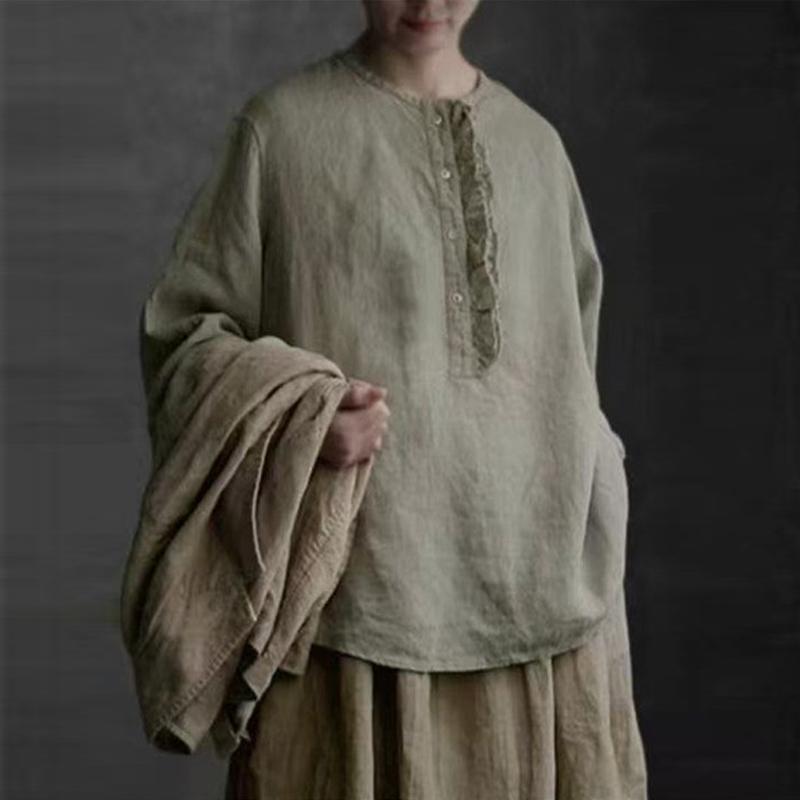 Johnature French Vintage Patchwork Ruffle Edge Round Neck Shirt For Women Casual Versatile Loose Vacation Blouses