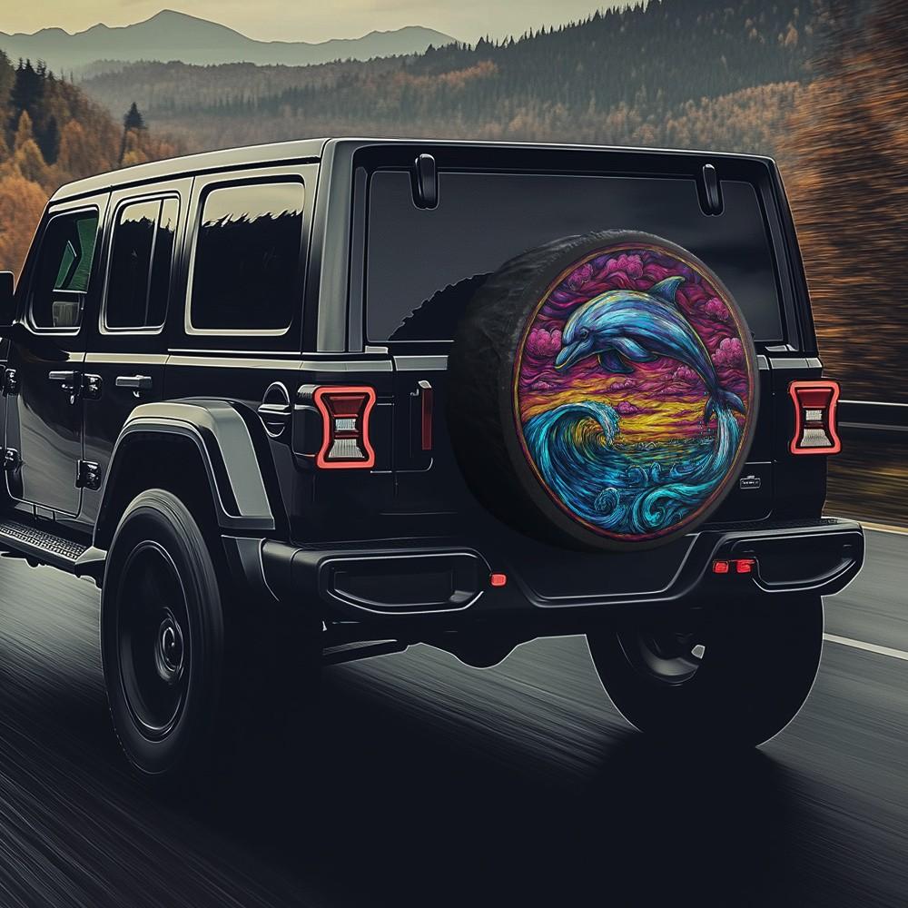 Vibrant Dolphin Wave Tire Cover Artistic Polyester Protective Accessory for Jeep Wrangler Owners