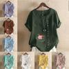 Women's New Fashion Linen Shirt Round Neck Short Sleeve Flower Printed T-shirt Summer Ladies Casual Plus Size Blouse Tops