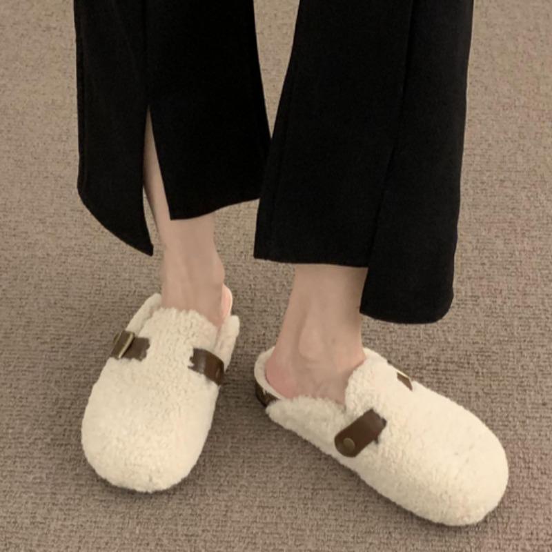 Мода 2024 года, модные новые плюшевые женские туфли Baotou, низкие теплые тапочки, простые римские тапочки с плоской подошвой, однотонные хлопковые тапочки