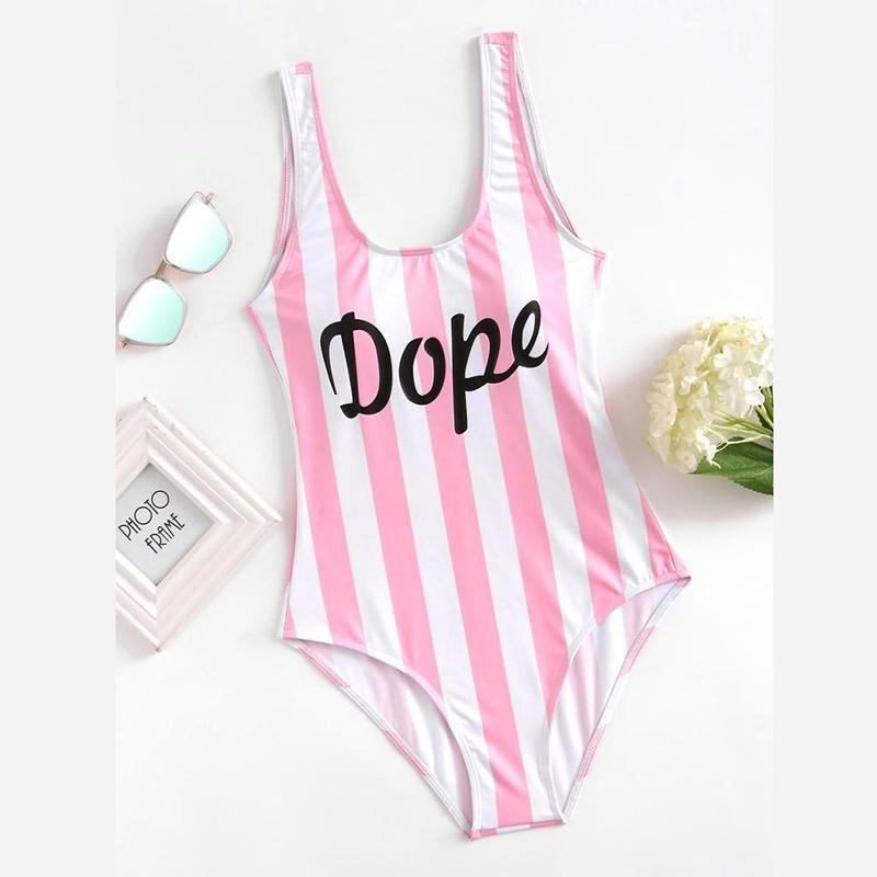 Fashion Summer Women One Piece Swimsuit Slim Backless Playsuit Striped Bikini