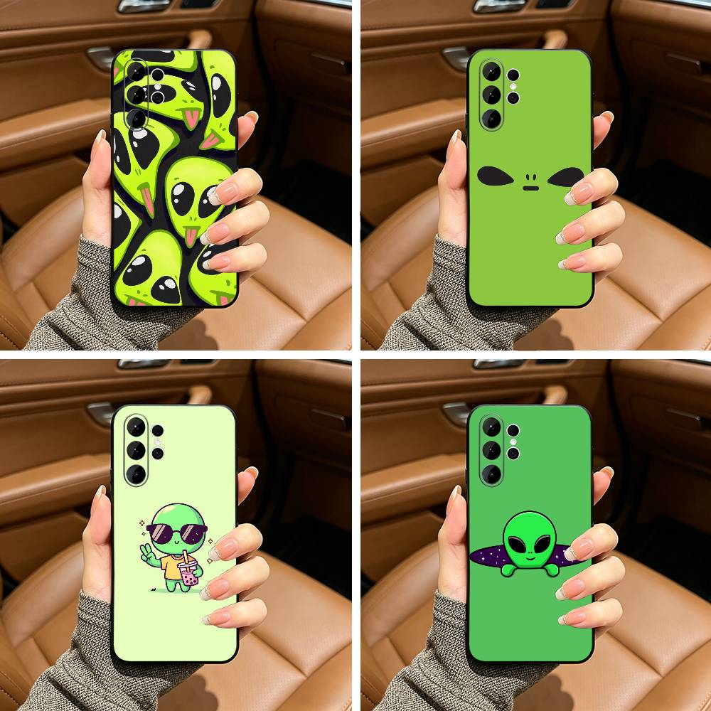 Милый мультяшный инопланетянин Мягкий силиконовый чехол для Samsung S25, S24, S21, S22, S23, S30, Ultra, S20, Plus, FE, Lite-Черный
