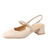 Pearl rhinestone sandals women's outerwear one-word with thick heel square head sheepskin middle heel back strap Mary Jane