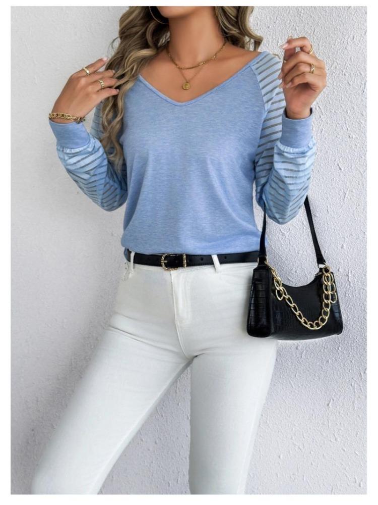 Женский повседневный топ свободного кроя с V-образным вырезом и длинными рукавами в полоску, большого размера, весенне-осенняя мода