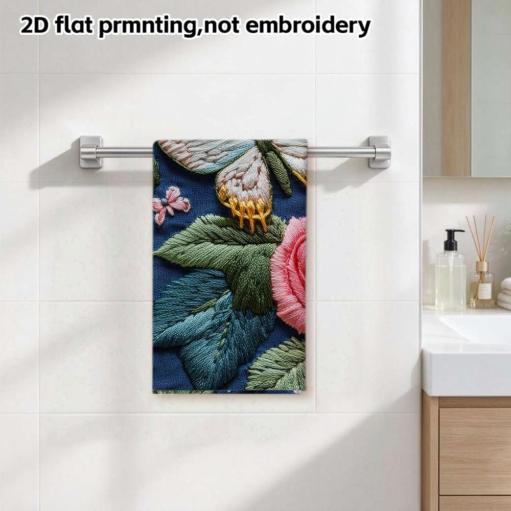 Dark Blue Rose And Moth Embroidery Towel, Soft Absorbent Quick-Dry Retro Botanical Shower Bath Towel
