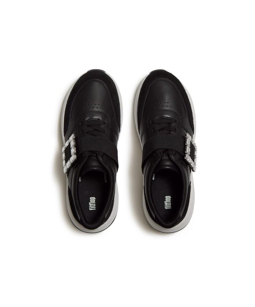 Fitflop Women'S F-Mode Crystal Buckle Leather/Suede Sneakers - Black (Ft61K2N185)