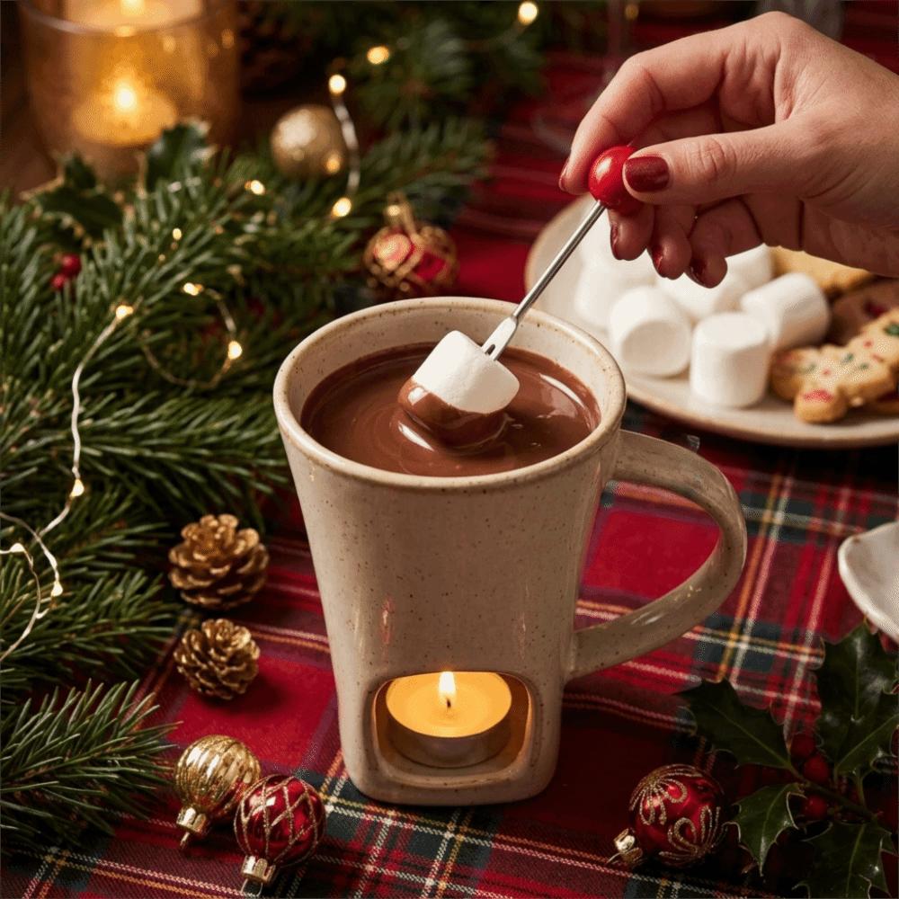 Ceramic Chocolate Fondue Mug with Fork Cheese Melting Pot Practical Butter Warmer Pot Party