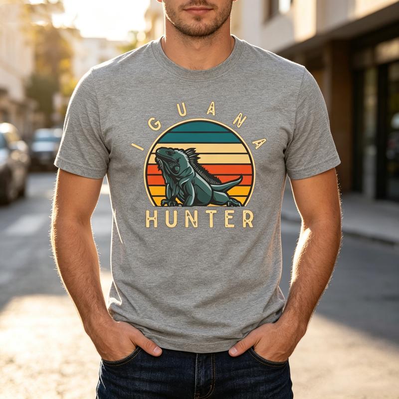 Vintage Iguana Hunter Funny Reptile Lover Unisex Tshirt Retro Sun Lizard Print Soft Cotton Crew Neck Unisexs Top Harajuku