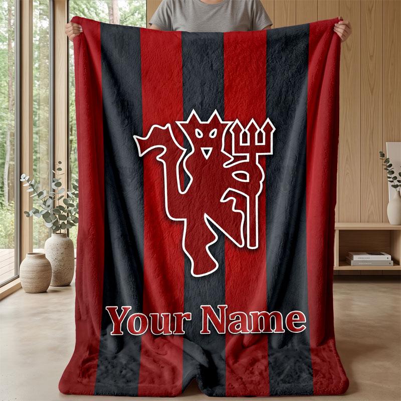 Manchester United Custom Name Text Flannel Blanket Soccer Logo Personalized Fleece Throw Blanket Special Gift For Sofa Bedroom Home