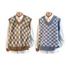 Свитер в студенческом стиле без рукавов с v-образным вырезом и ребристой отделкой, осенне-зимний клетчатый лоскутный цветной мужской вязаный жилет