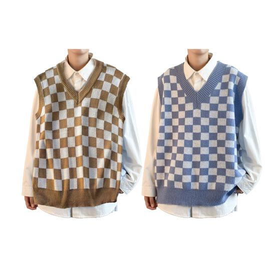 Свитер в студенческом стиле без рукавов с v-образным вырезом и ребристой отделкой, осенне-зимний клетчатый лоскутный цветной мужской вязаный жилет