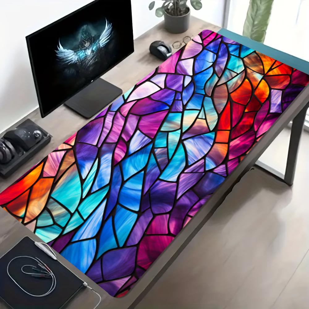 Colorful Stained Glass Print Gaming Mousepad Large Desk Mat AntiSlip Rubber Base Stitched Edge Keyboard Mat For Gamers Computer