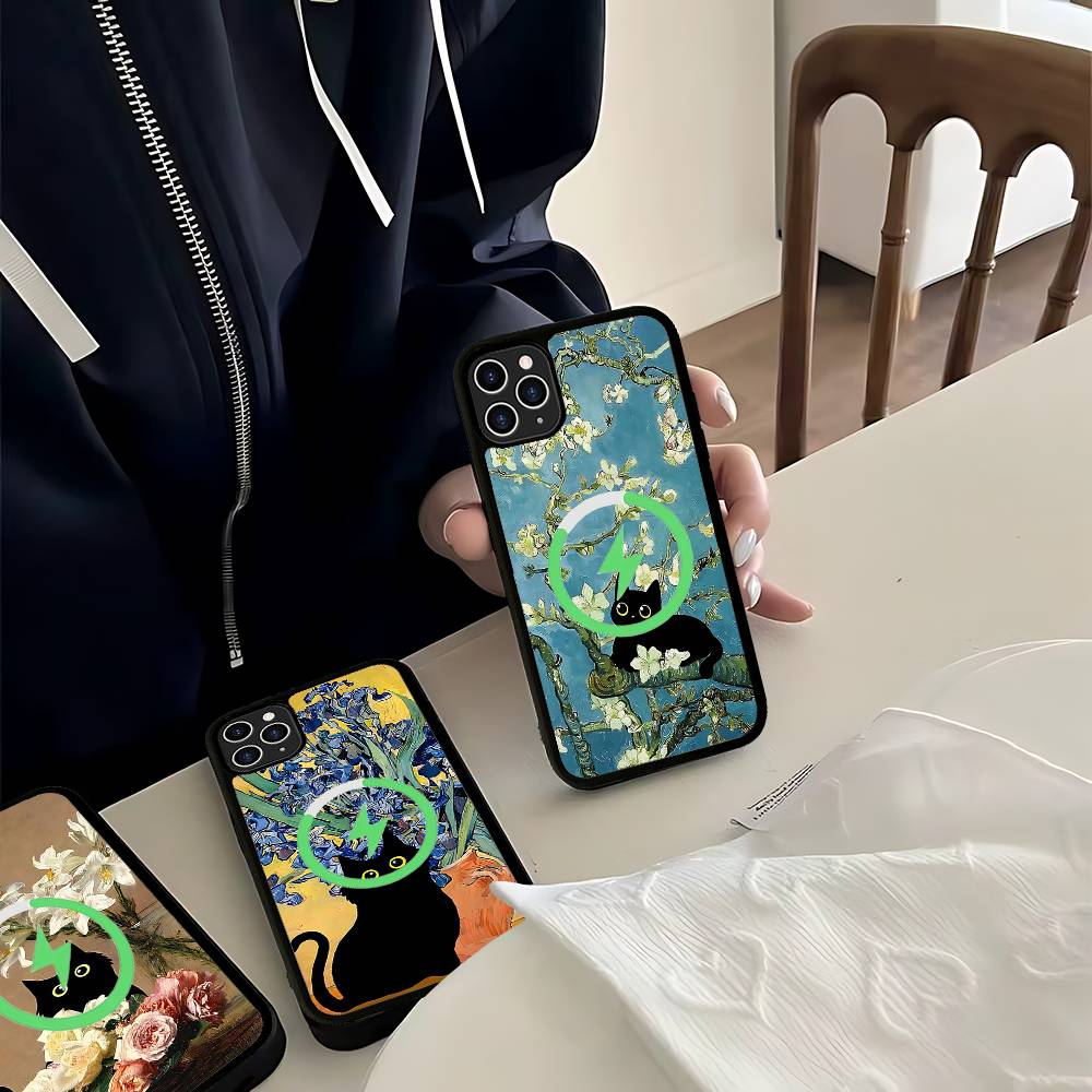 Забавные Коты Ван Гог Магнитный Беспроводной Чехол для Телефона Для IPhone 17 16 15 14 13 12 11 Pro Max Plus Mag Чехол для Телефона