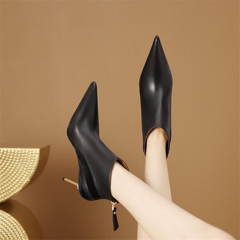 Мода 2025 Зима Новые Модные Ботильоны Женские Ботинки Остроносые Ботинки для Женщин Обувь из Натуральной Кожи Zapatos De Mujer Высокие Каблуки