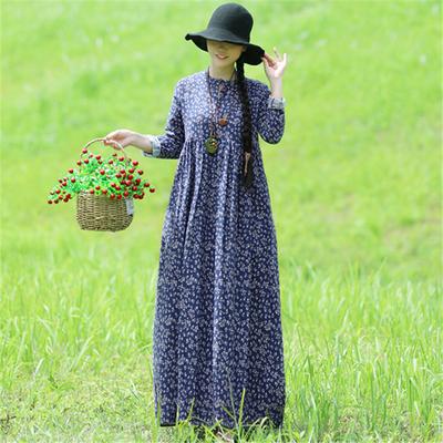  Винтажное повседневное длинное платье с длинным рукавом и цветочным принтом