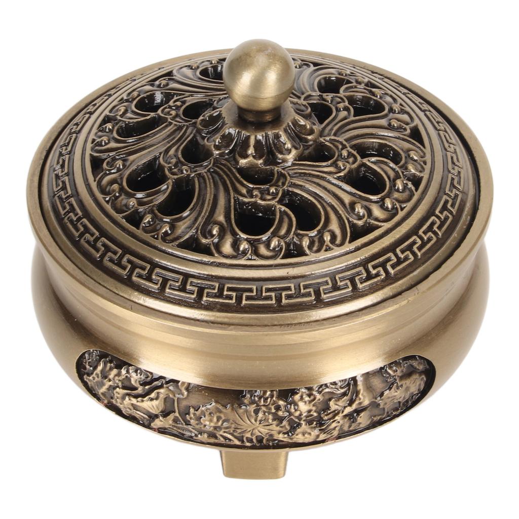 Coil Incense Burner with Lid Antique Beautifully Carved Electroplating Zinc Alloy Incense Burner