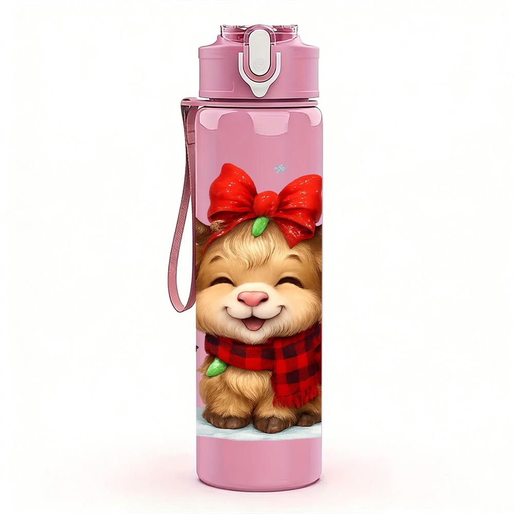 1PC Bow Decor Baby Cow Christmas 750ml Color Plastic Sports Water Bottle Leakproof Flip Straw Lid Suitable for Sports Office Home Use