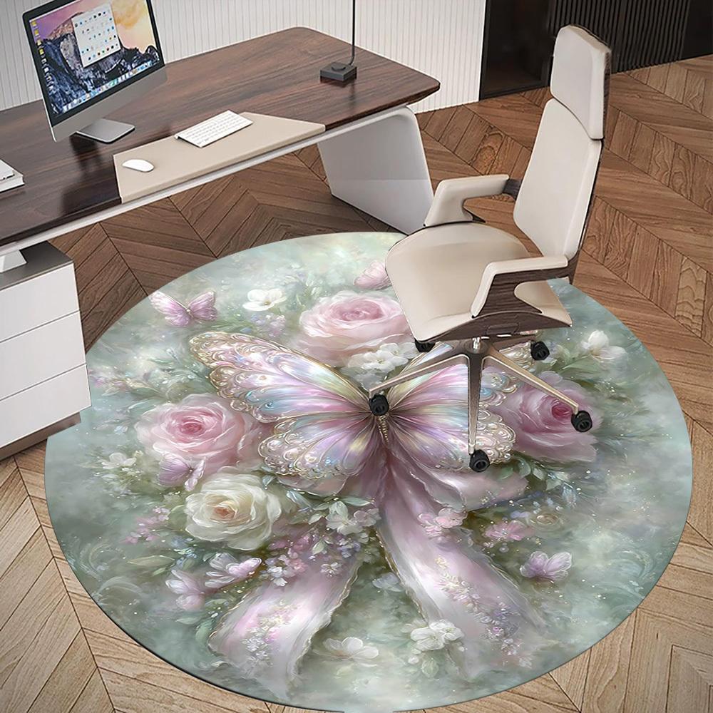 1pc Butterfly, Floral Round Chair mat Area Rug - Non-Slip, Floor Mat for Office, Bedroom, and Indoor Decor-1002313