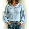 Women S Round Neck Long Sleeve Pullover Knit Sweater With Button Ruffle