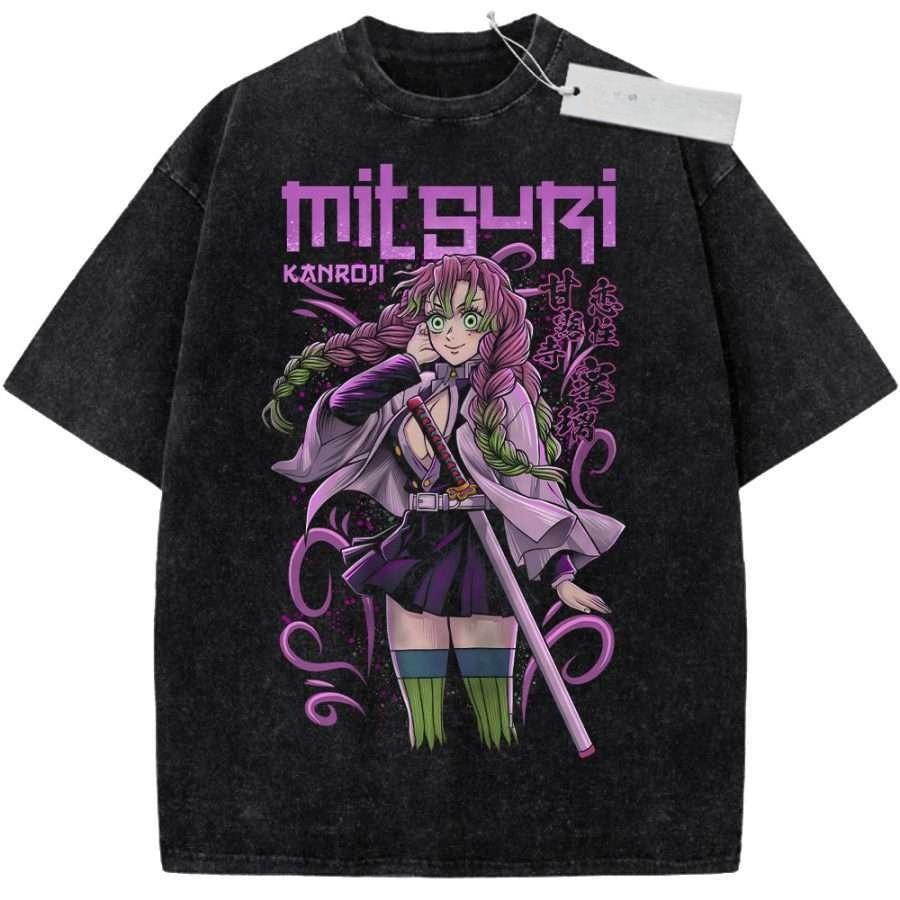 Unisex Washed Black Vintage Tshirt Demon Slayer Mitsuri Kanroji Highquality Fabric for Home Leisure Travel Shopping