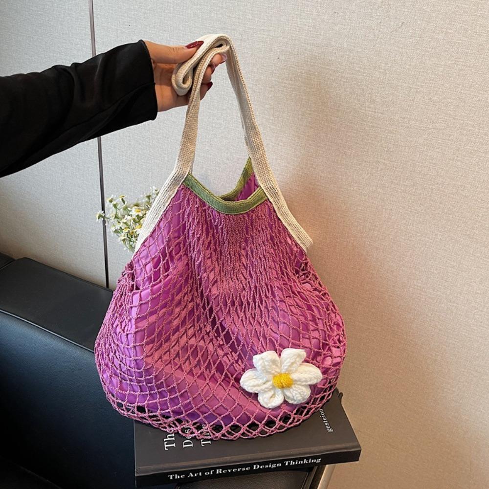 Polyester Hollow Woven Shoulder Bag Large Capacity Summer Beach Tote Bags  Clothes Storage