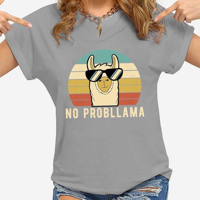 Funny Llama Graphic Printed T-shirt Fashion Creative Design T Shirt Female Casual Crew Neck Loose Y2k Short Sleeves Tops