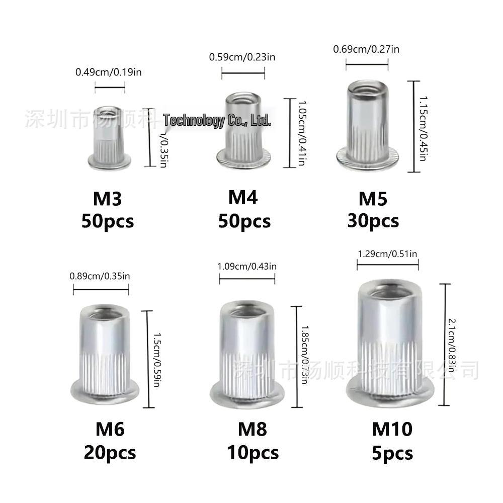Набор из 165 штук резьбовых заклепок из нержавеющей стали (M3-M10, Плоская головка, Рифленая)