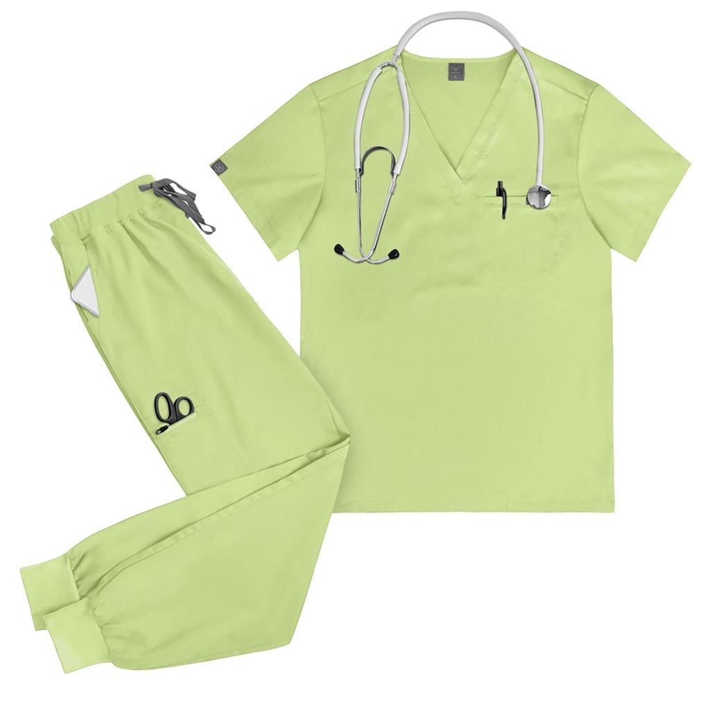 Женский однотонный топ с короткими рукавами и V-образным вырезом, карманами, рабочая одежда, комплект из двух предметов