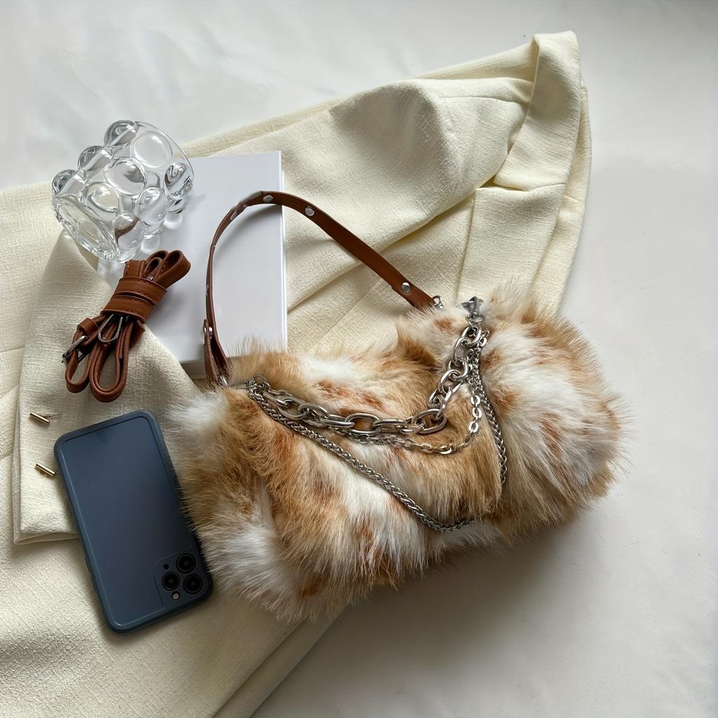 Classic Tie Dye Plush Satchel Bag, Women's Novelty Handbag, Faux Fur Chain Decor Purse For Winter