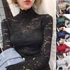 Autumn Spring Sexy Women Long Sleeve Lace Blouses High Collar Inner Wear Lace Crochet Shirt Base Tunic Top Perspective Vintage Bottom Blouse