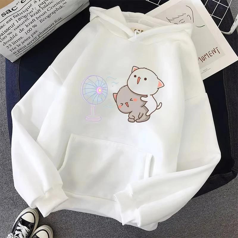2025  Women's White Hoodies Kawaii Peach Cat Cartoon Print Femme Winter Hooded Sweatshirt Tops Casual Female Jumper