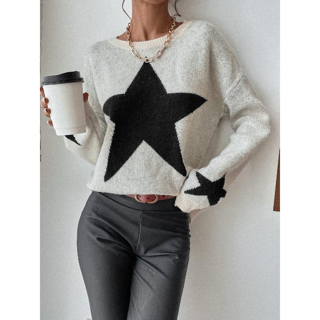 Women's Star Print Long Sleeve Crewneck Sweater Drop Shoulder Pullover Tops
