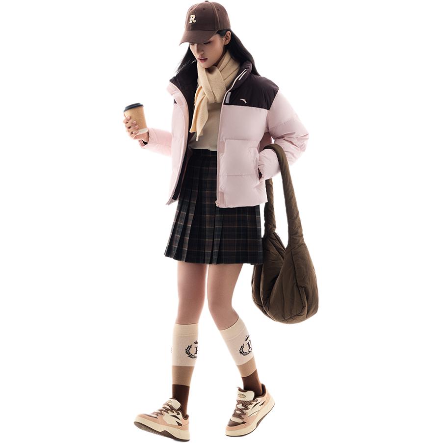 Anta Удобная повседневная теплая куртка-пуховик с цветными блоками и воротником-стойкой на молнии, женская верхняя одежда, цвет черный-коричневый, зима-розовый 962447907-3