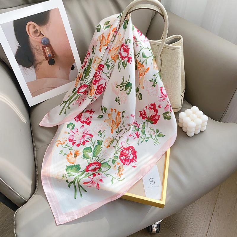 Spring and summer literary and fresh printing imitation silk scarf women's neck decorative neck protection scarf high-end shawl scarf