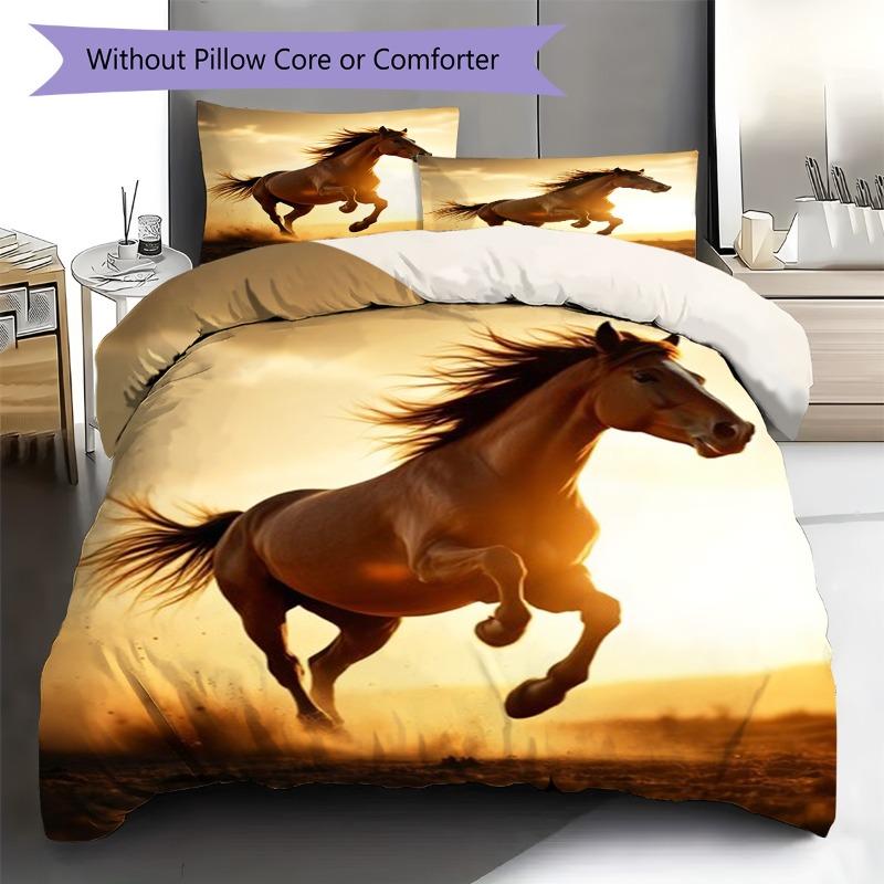 Galloping Brown Horse Golden Sunset Prairie Print 3 Pieces Duvet Cover Set Wildlife Animal Bedding Bedroom Home Decor Without Pillow Core Comforter