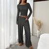 Женские костюмы-двойки Осенний повседневный топ в рубчик с длинным рукавом и вырезом-лодочкой, брюки с широкими штанинами, подходящий комплект для отдыха